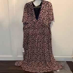 Lane Bryant Black Floral V neck Midi Dress with Pink and Yellow Blooms